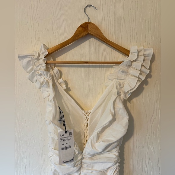 ZARA NWT White Draped Ruched Linen Ruffle Strap Contour Bodycon Tie Mini Dress - Picture 8 of 17